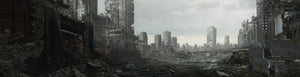Bilden visar ett postapokalyptiskt landskap i stordstadsmiljö. Prepperbutiken